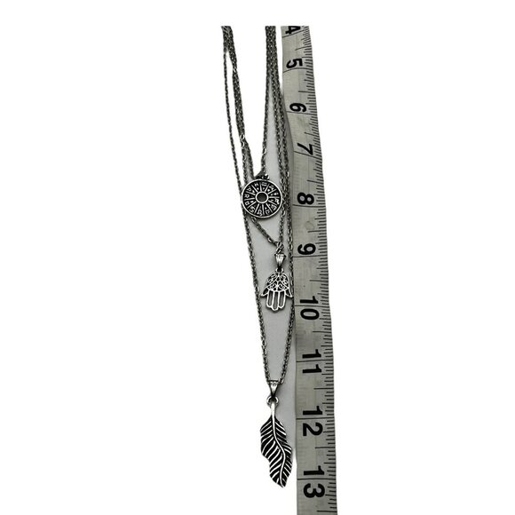 Layered Antique Silver Pendant Necklace With Compass Hamsa Hand & Feather Charms - Picture 8 of 12